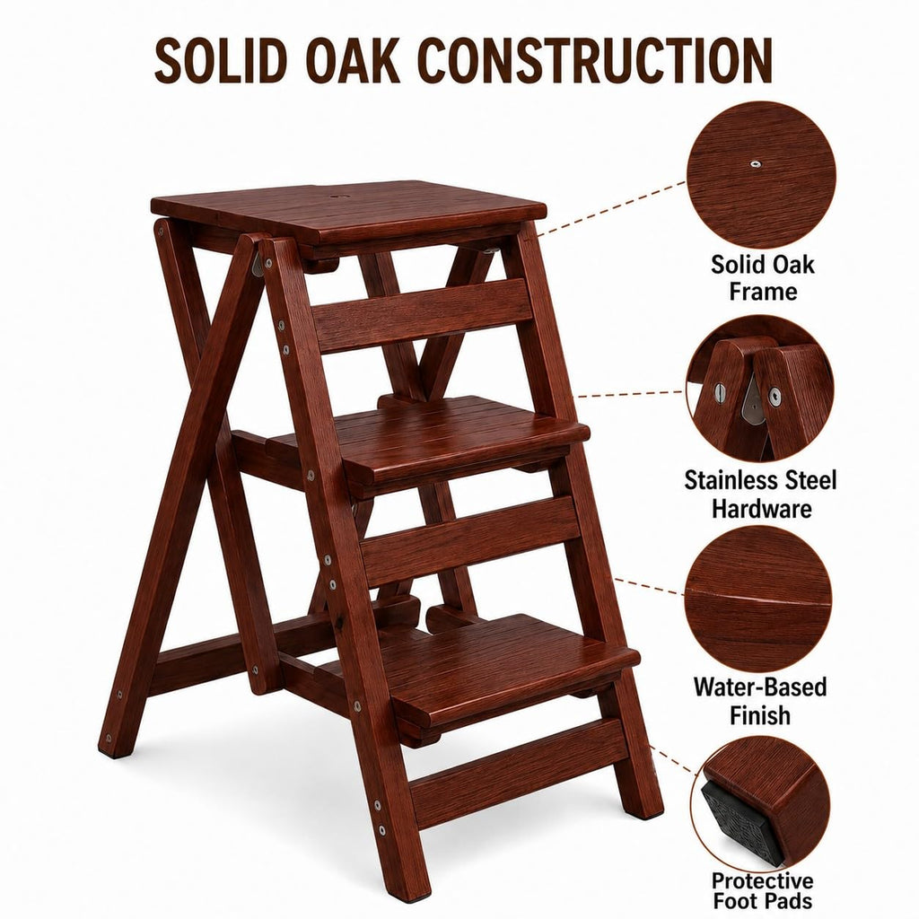 Solid Oak 3 Step Folding Ladder 330 lbs Capacity Wooden Step Stool O631423