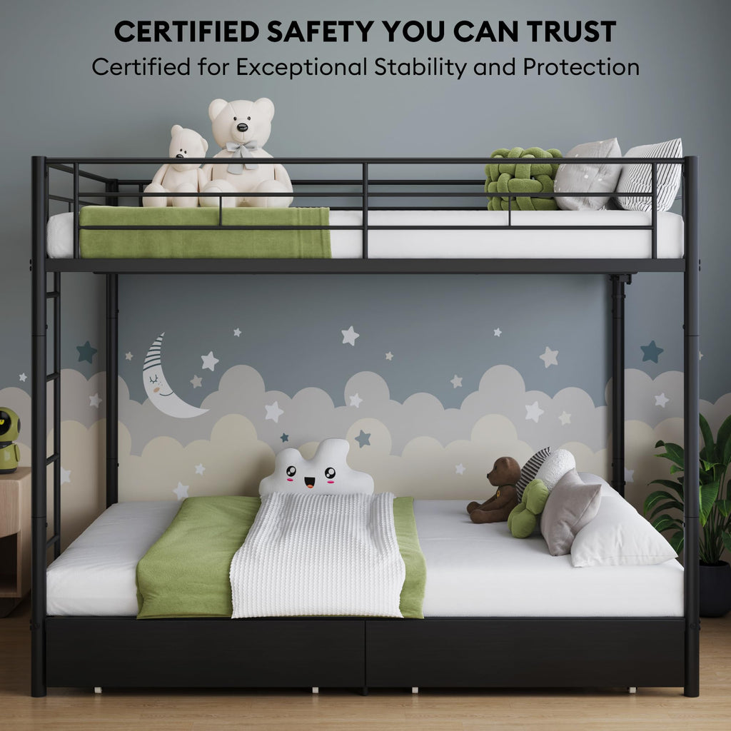Black Twin Over Twin Metal Bunk Bed with LED Lights, USB Charging Station, 2 Drawers, Guard Rails & Ladder Y84249