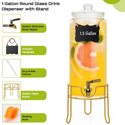 1.5 Gallon Glass Drink Dispensers with Stainless Steel Spigot Y38299
