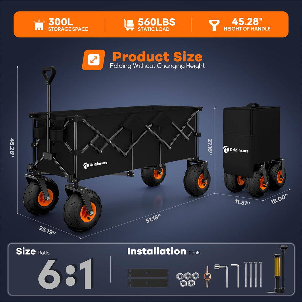 Foldable Beach Wagon with Big Balloon Wheels, 560lbs, Black V56136