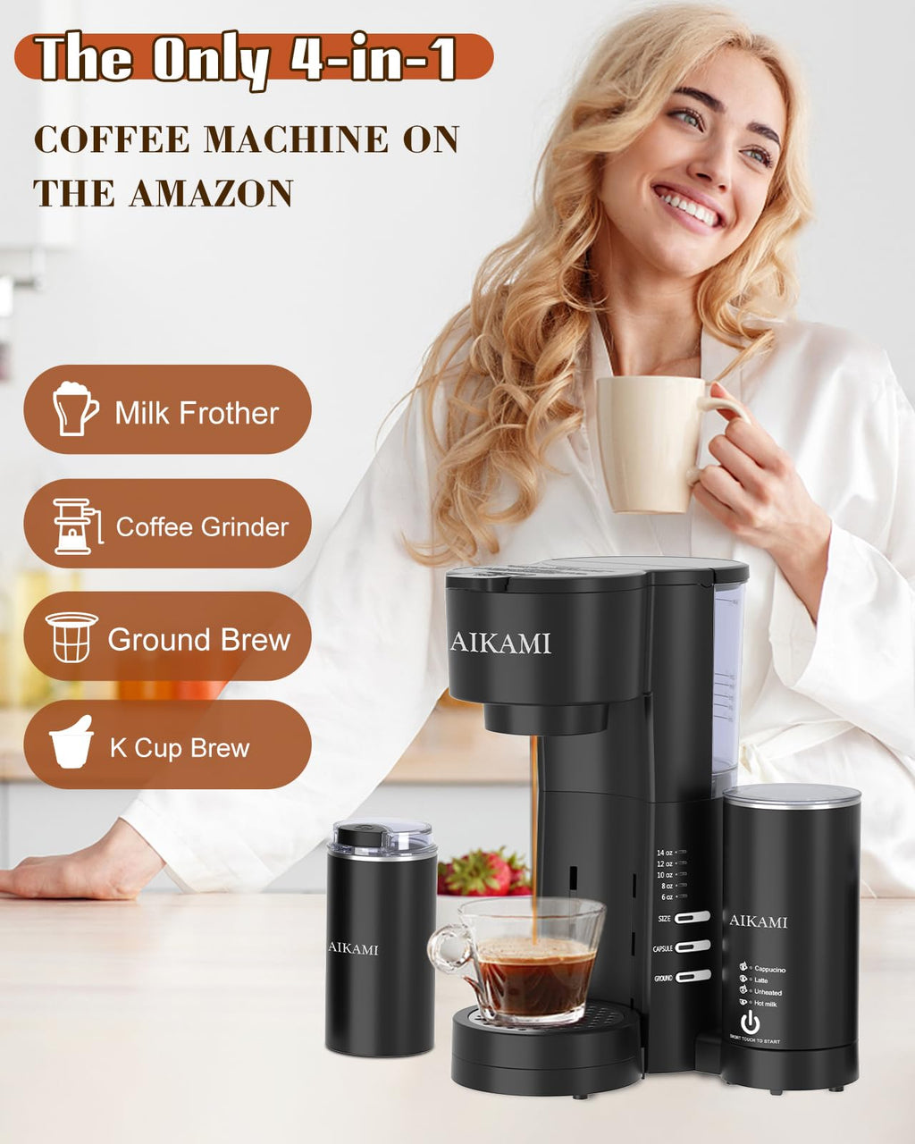4 IN 1 Single Serve Coffee Maker with Milk Frother and Coffee Grinder U48948