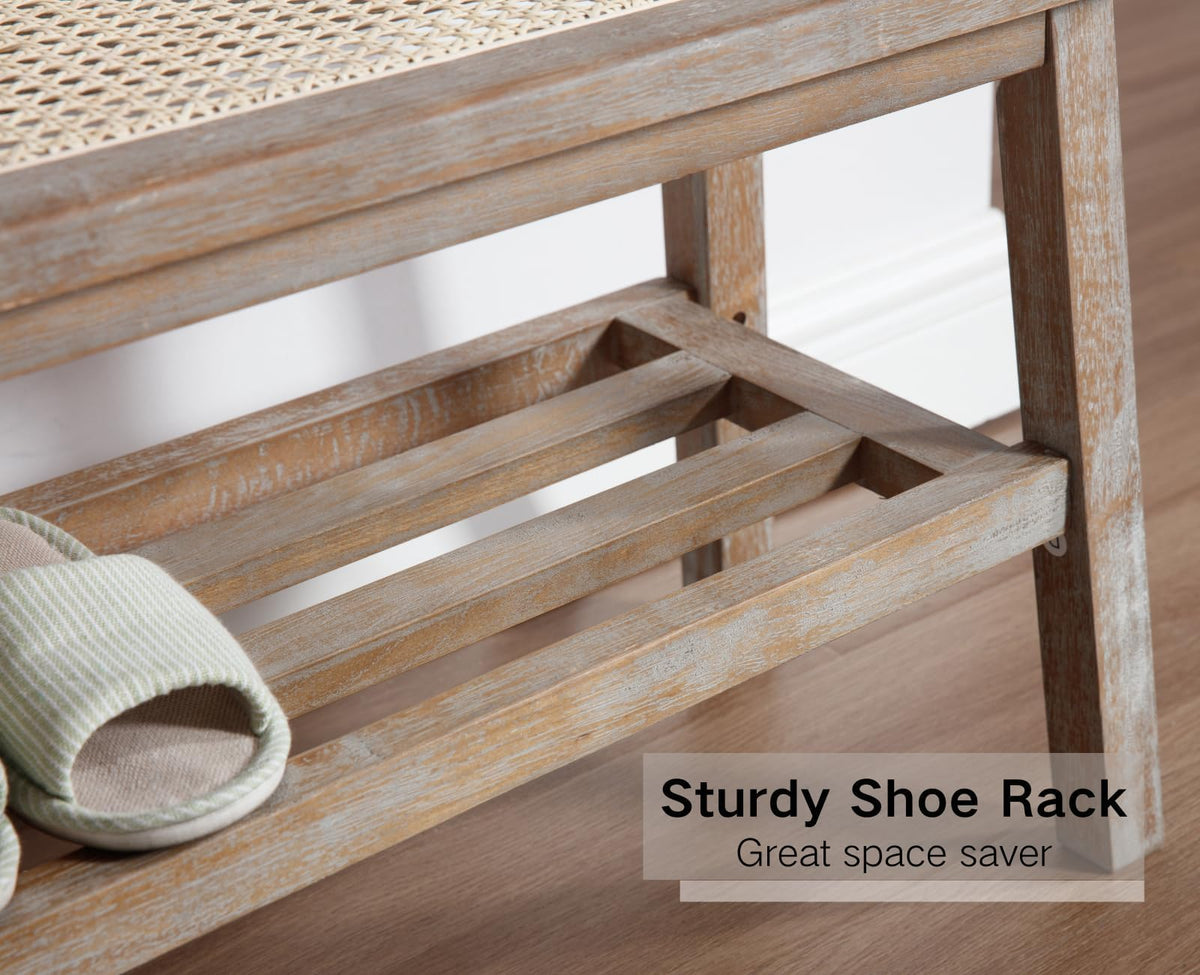 30 Inch Rattan Wooden Entryway Bench with Shoe Rack E19968