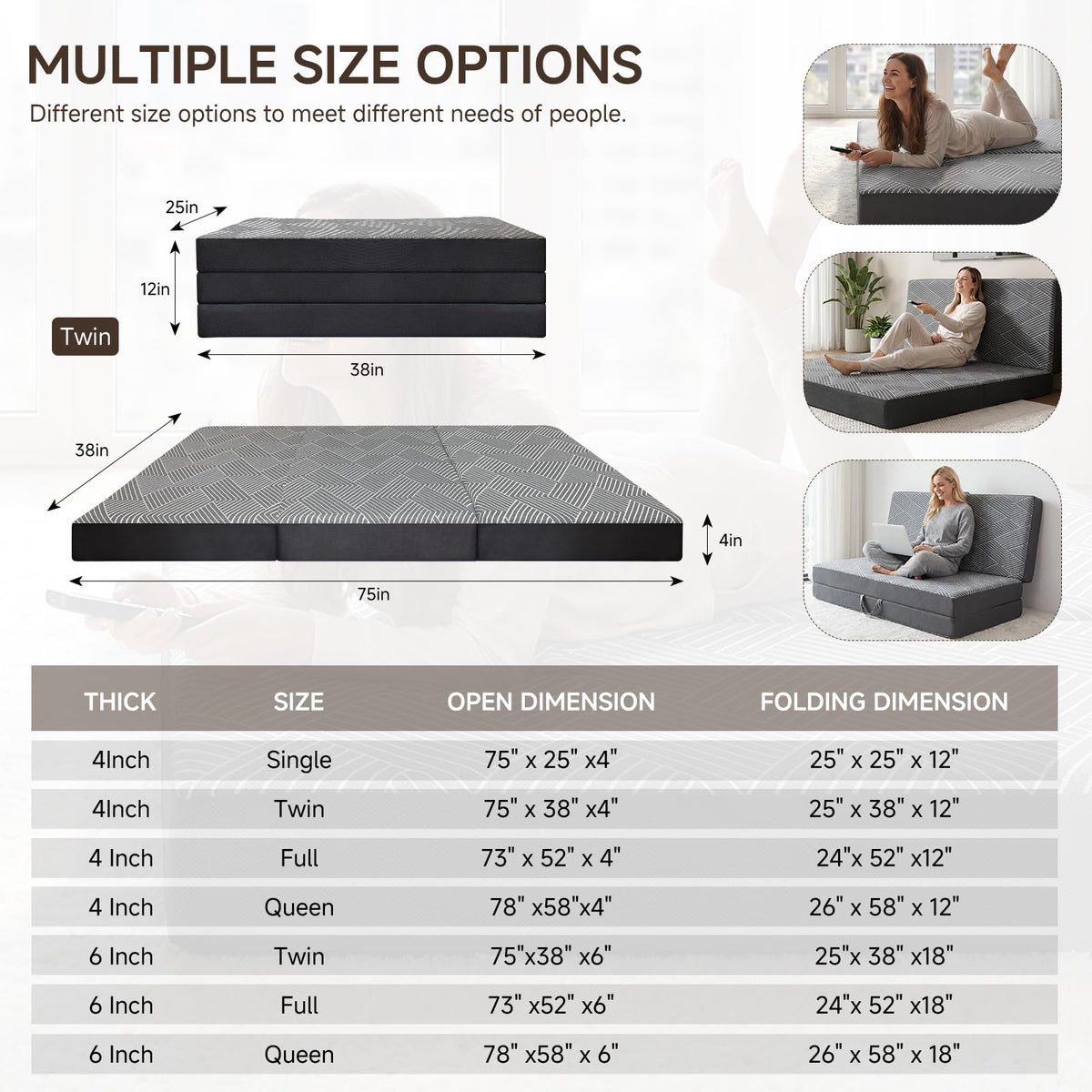 Memory Foam Tri Folding Mattress Twin Size 4 Inch Q105692