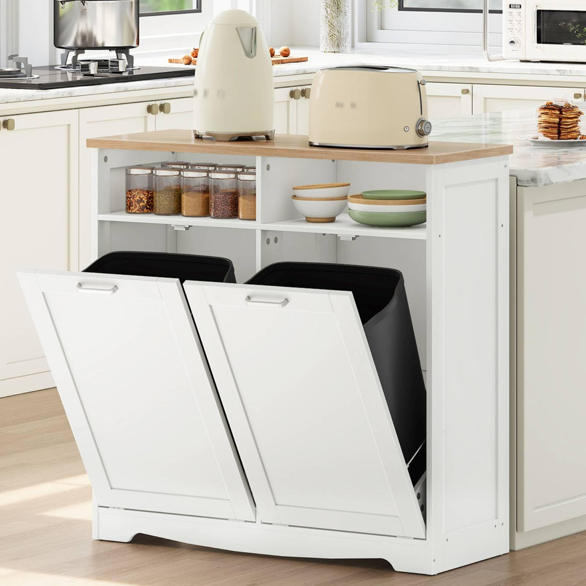 White Double Tilt Out Trash Can Cabinet T897