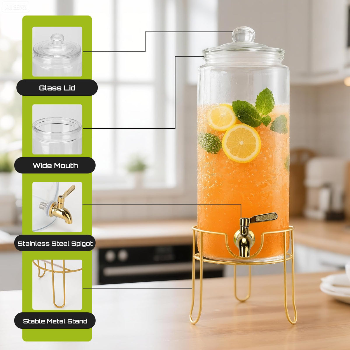 1.5 Gallon Glass Drink Dispensers with Stainless Steel Spigot Y38299