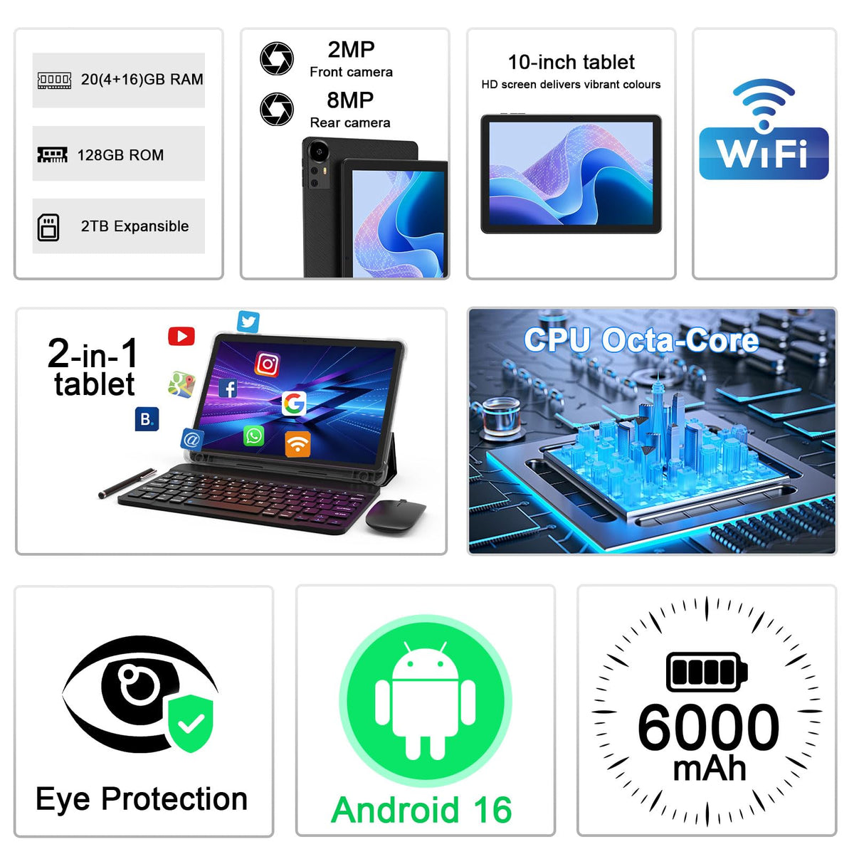 Android 16 Tablet 10 Inch 20GB RAM 128GB ROM Black T418