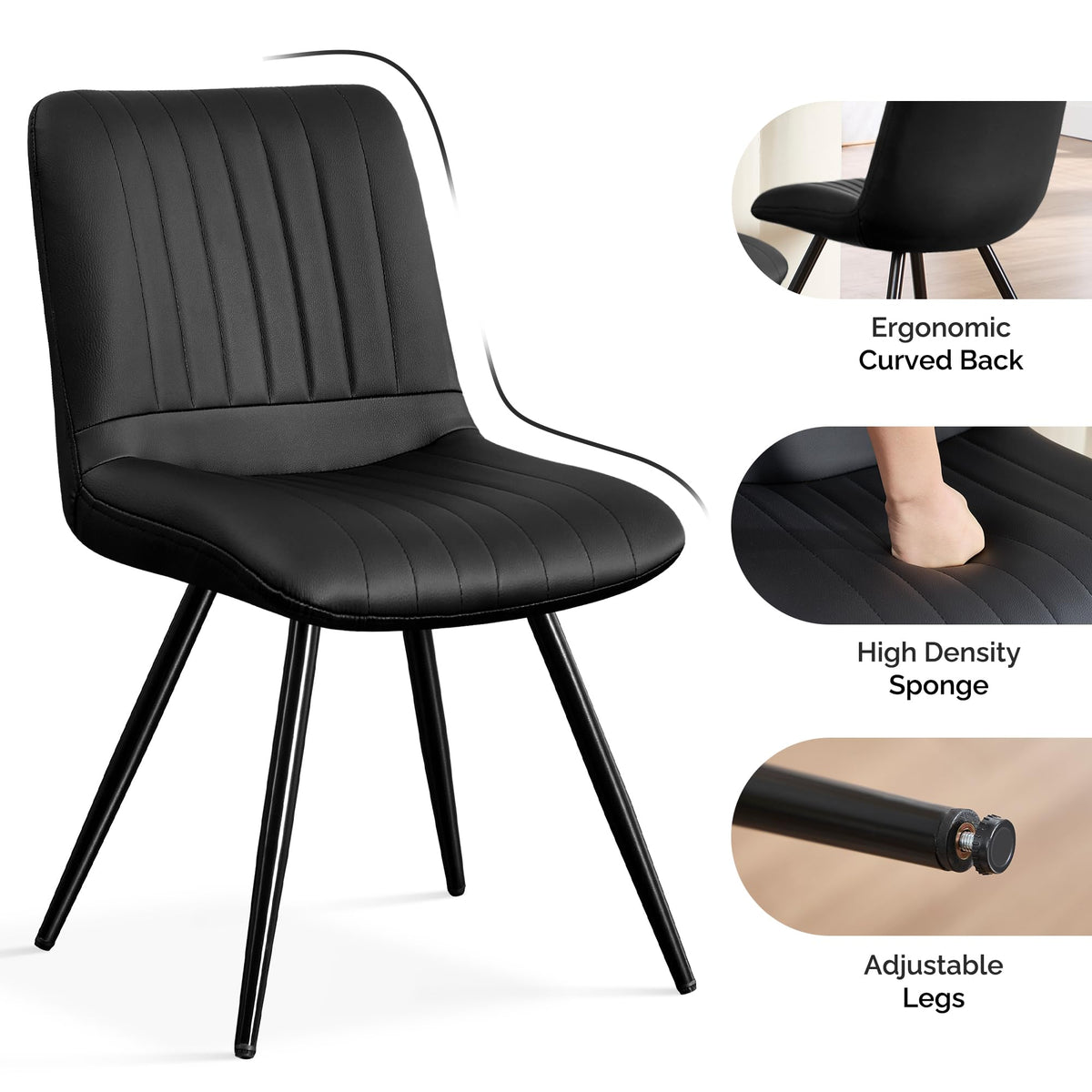 Black Dining Chairs Set of 4 PU Leather Metal Legs L861725