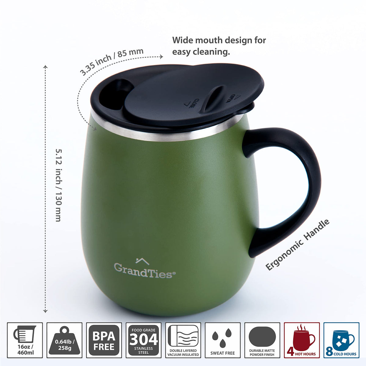 16 oz Insulated Stainless Steel Coffee Mug 2-Pack with Handle & Sliding Lid I623