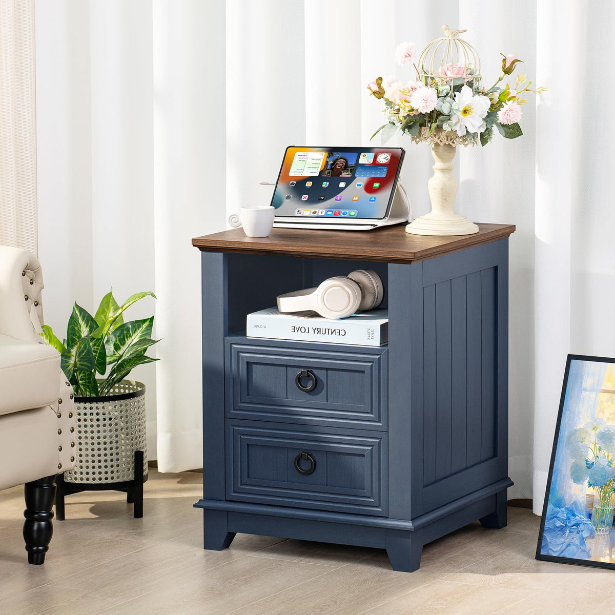 18" Blue Wooden Nightstand Set of 2 with Charging Station L148145