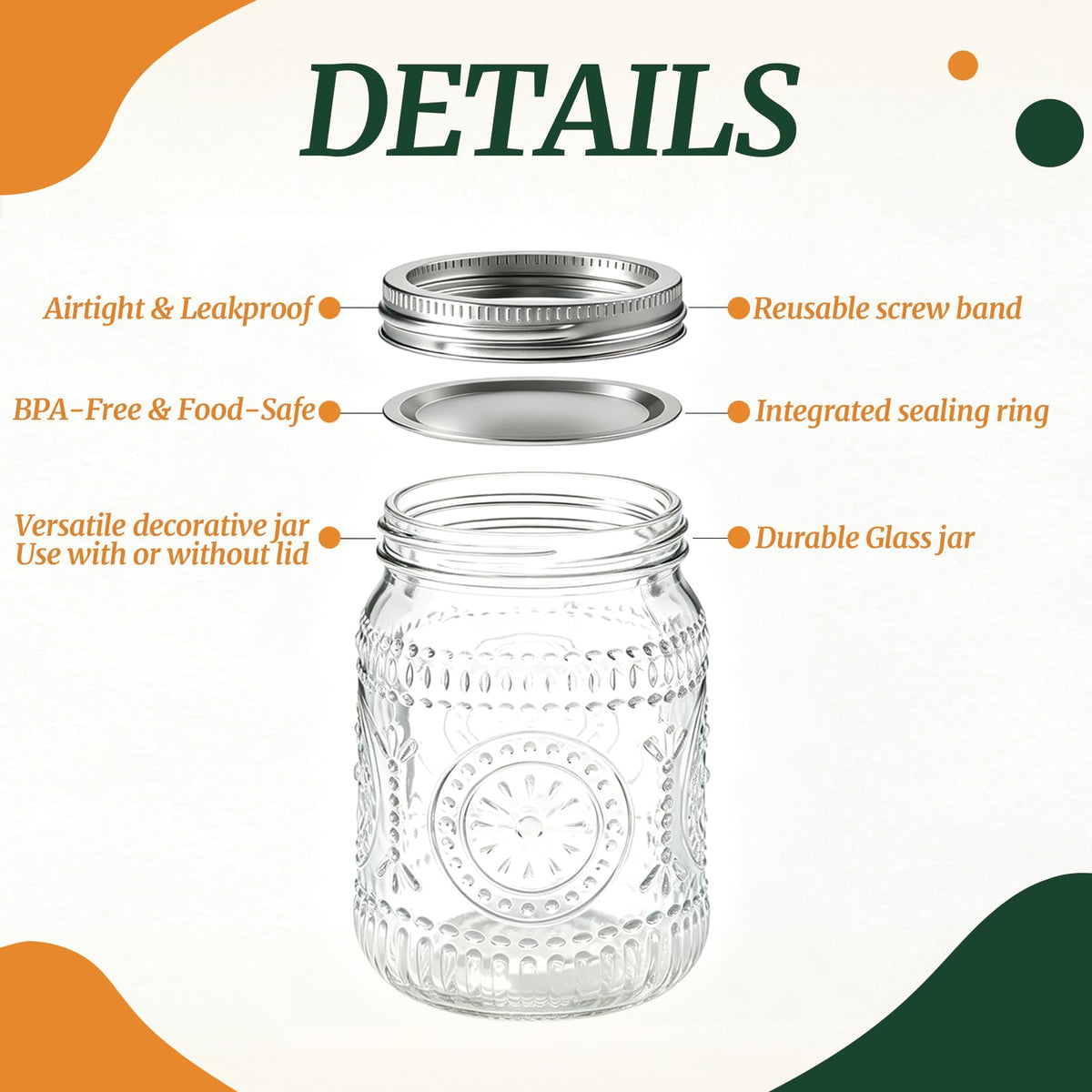6-Pack Glass Mason Jars 16 oz Wide Mouth Canning Jars P58136