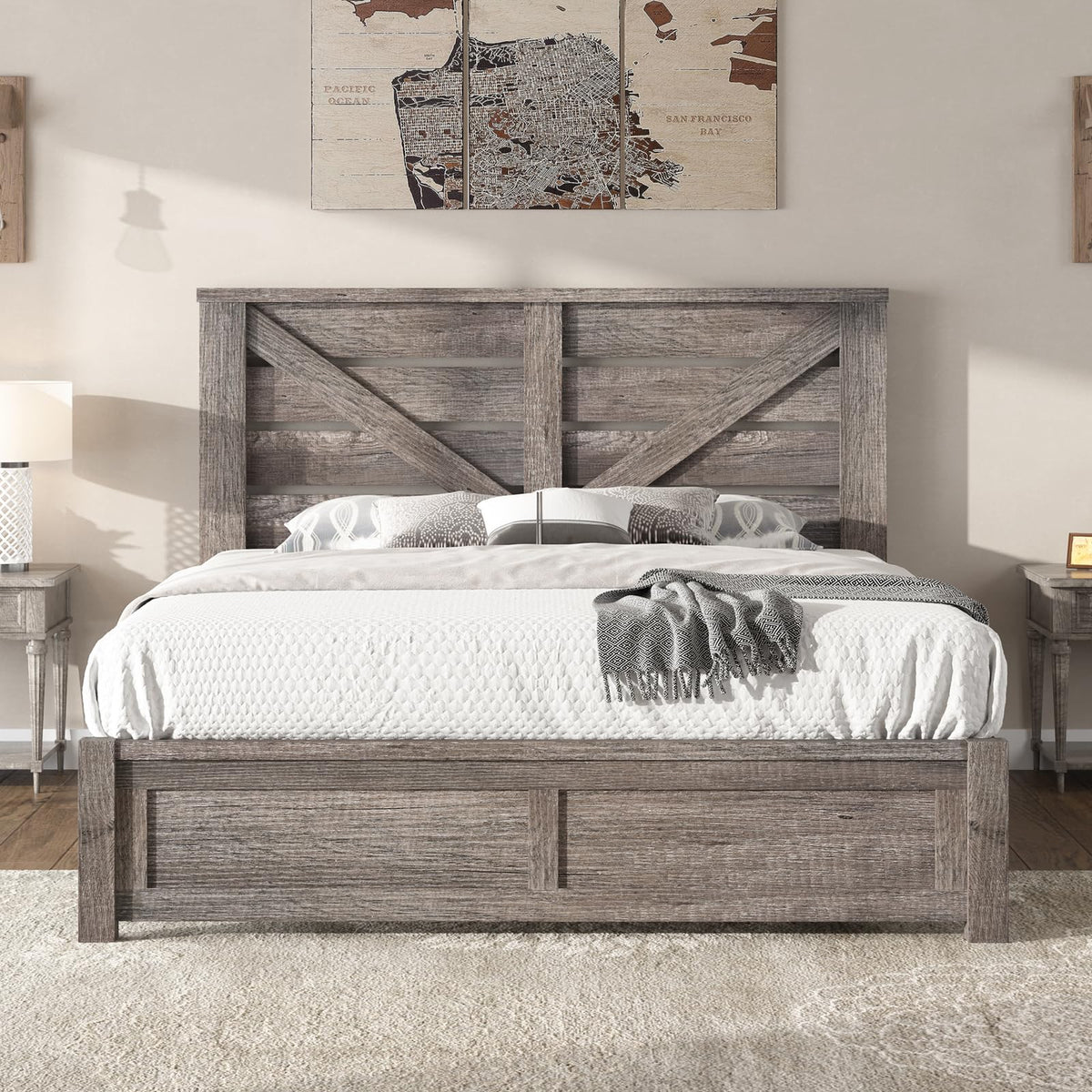 Gray Full Size Bed Frame with Barn Door Headboard B6539