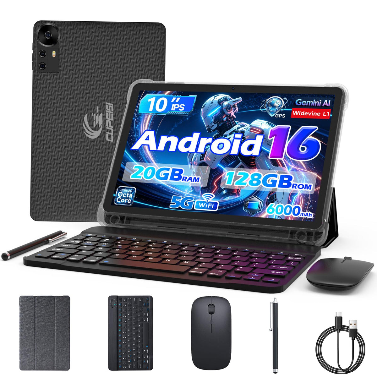 Android 16 Tablet 10 Inch 20GB RAM 128GB ROM Black T418