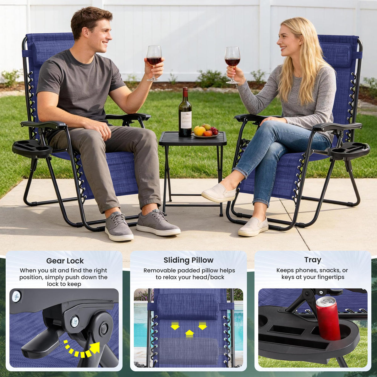 Oversized Padded Zero Gravity Chair Set of 2 with Pillow & Cup Holder A437