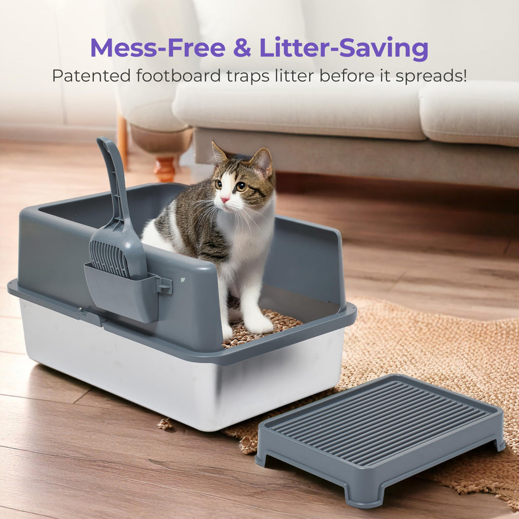 Stainless Steel Cat Litter Box Set with Scooper and Litter Mat R891332
