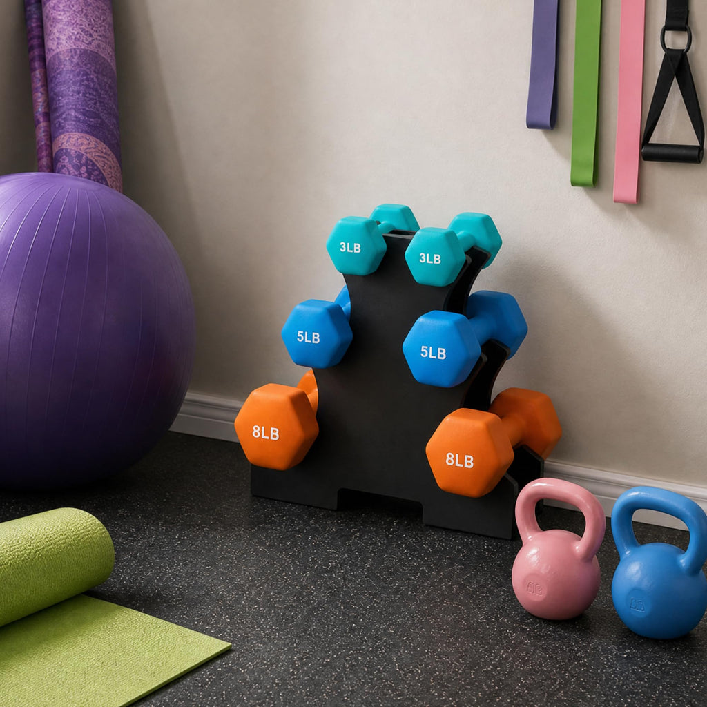 Colored Neoprene Coated Dumbbell Set with Stand, Set of 6 G208