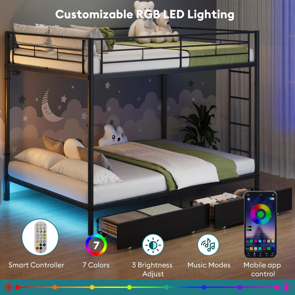 Black Twin Over Twin Metal Bunk Bed with LED Lights, USB Charging Station, 2 Drawers, Guard Rails & Ladder Y84249
