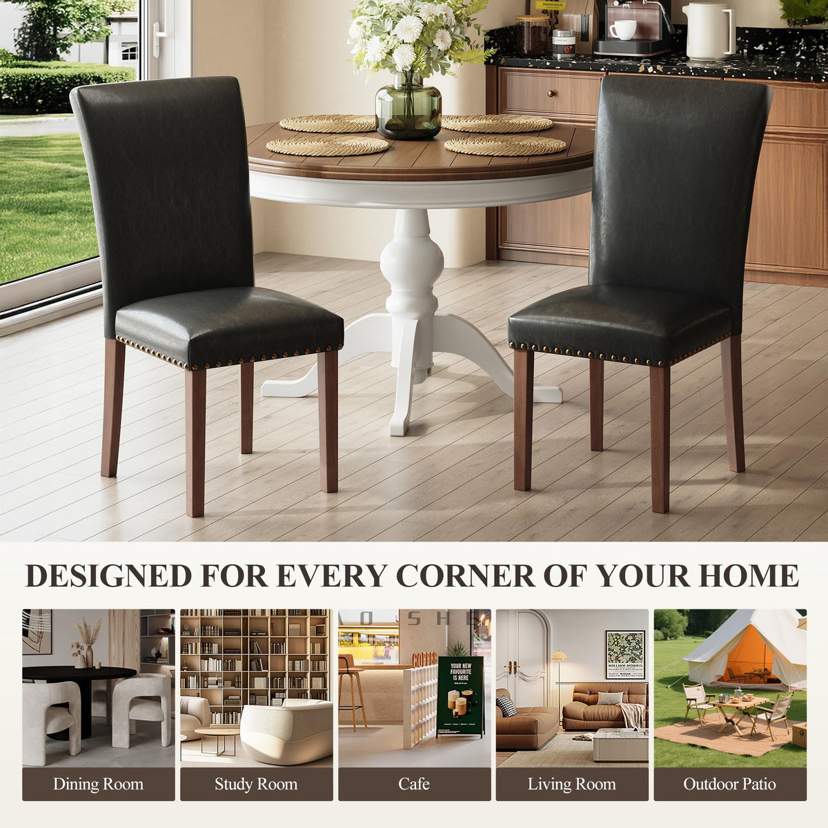 Black Leather Dining Chairs Set of 2 with Wood Legs L8810
