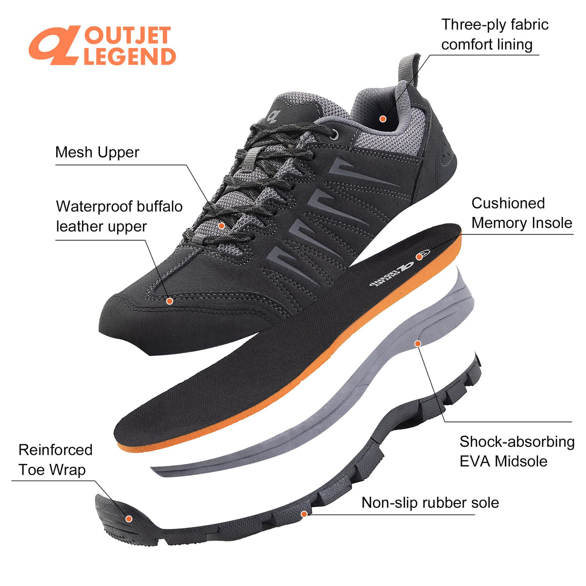 Men's Waterproof Leather Low Top Hiking Shoes D248
