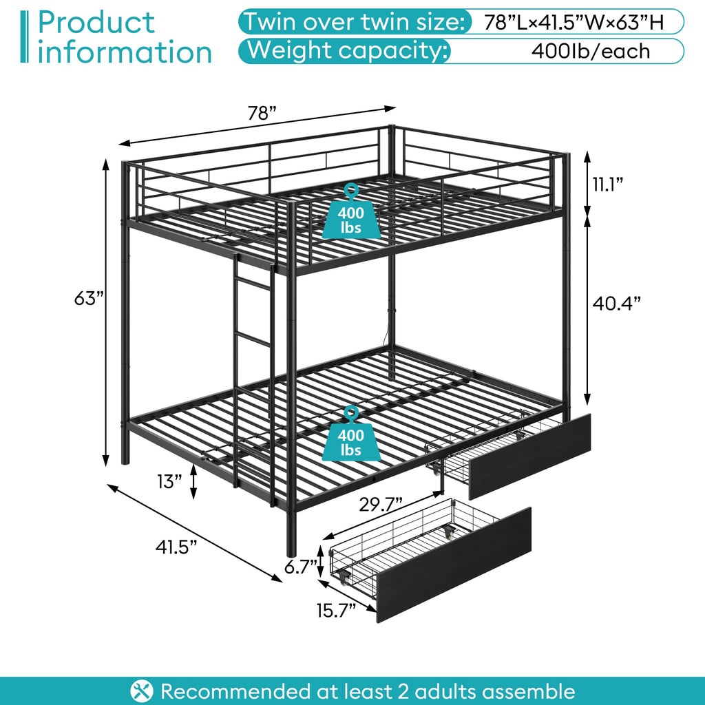 Black Twin Over Twin Metal Bunk Bed with LED Lights, USB Charging Station, 2 Drawers, Guard Rails & Ladder Y84249