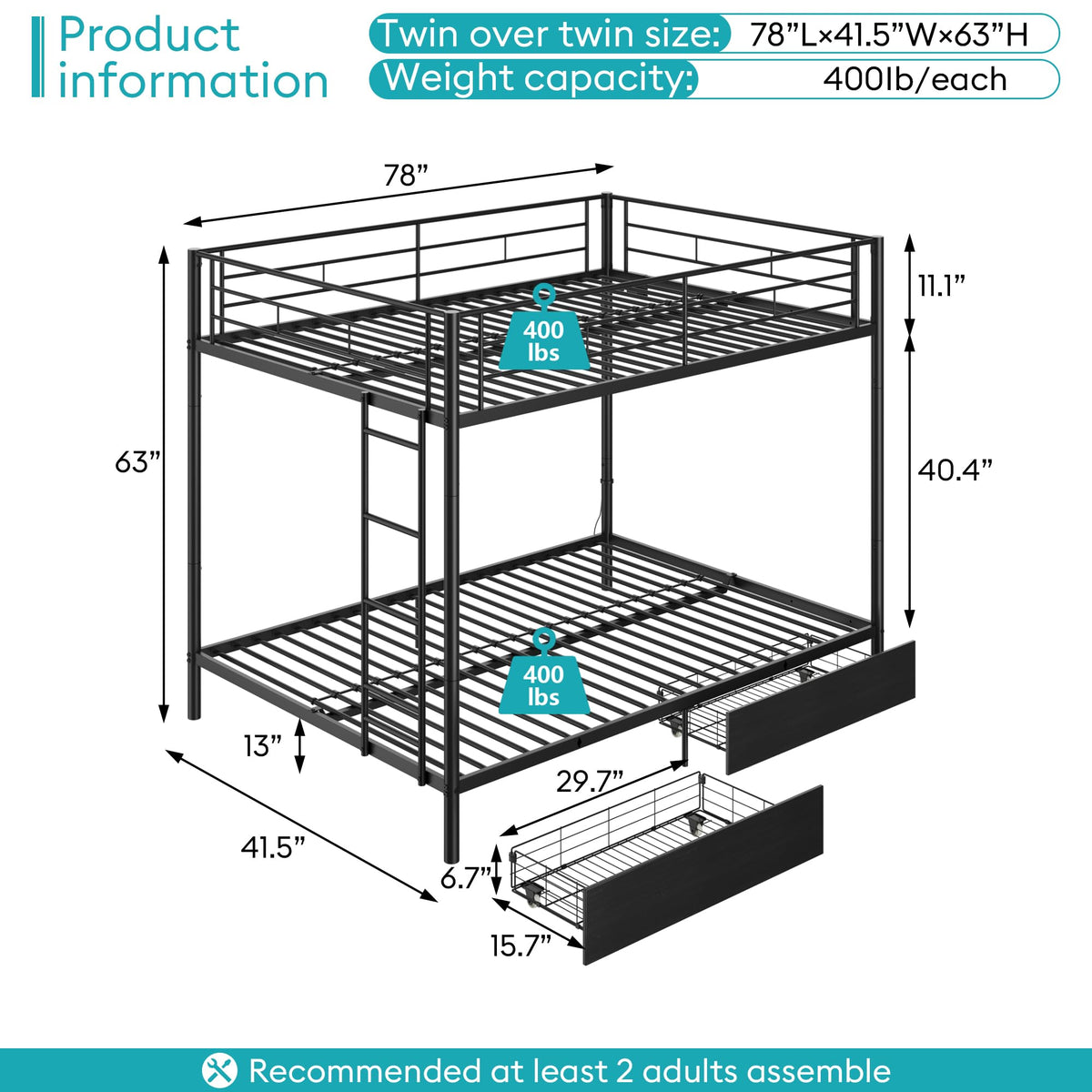 Black Twin Over Twin Metal Bunk Bed with LED Lights, USB Charging Station, 2 Drawers, Guard Rails & Ladder Y84249