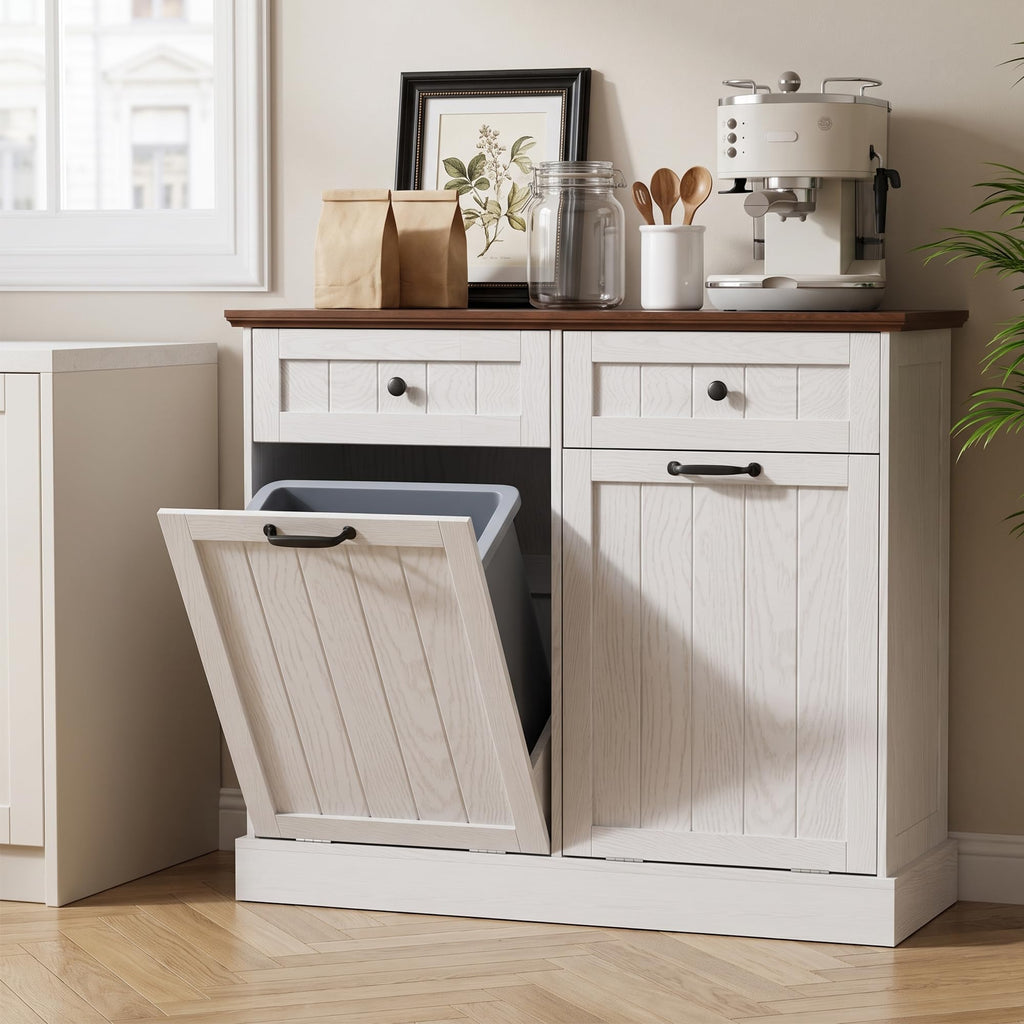 White 2x10 Gallons Tilt Out Trash Can Cabinet F11292