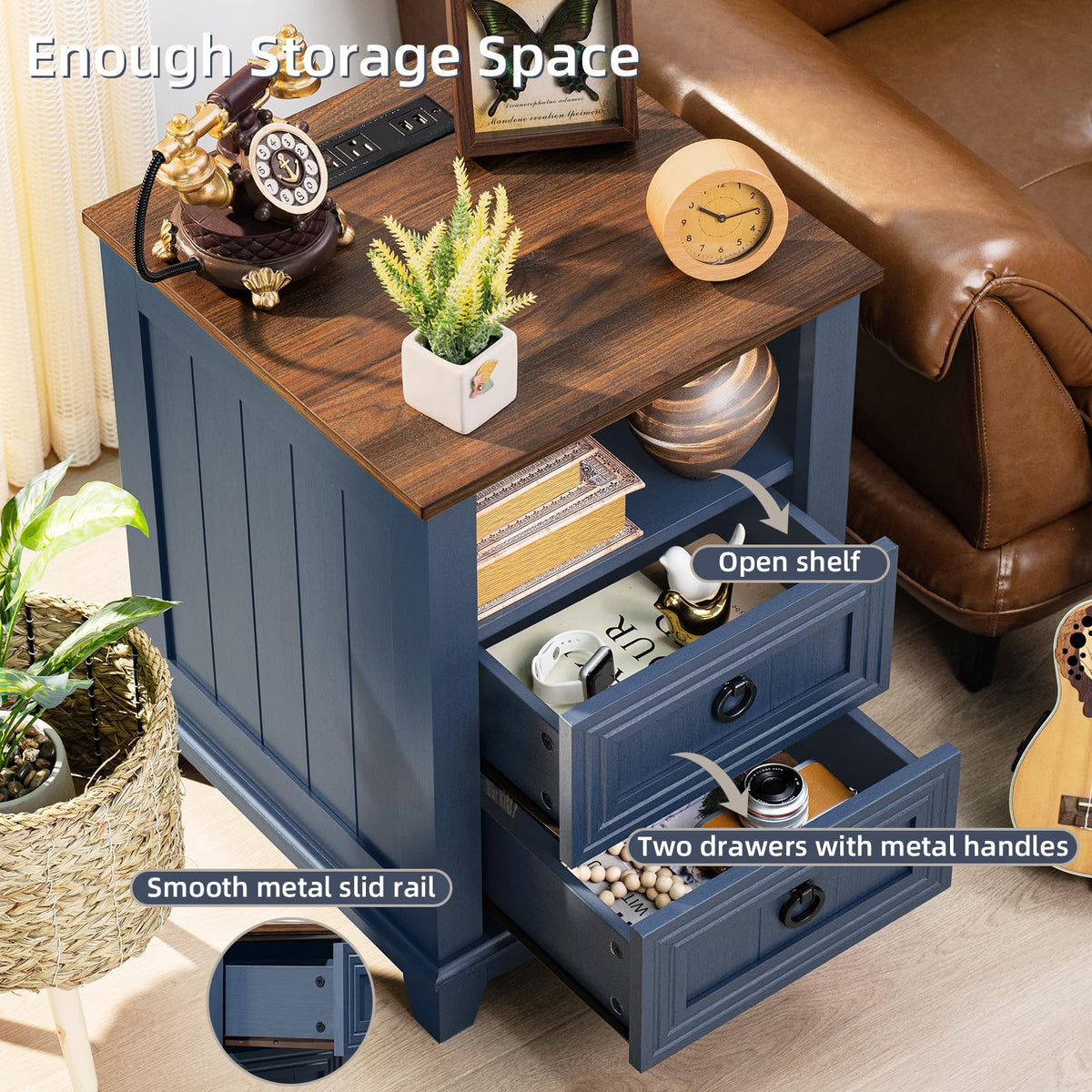 18" Blue Wooden Nightstand Set of 2 with Charging Station L148145