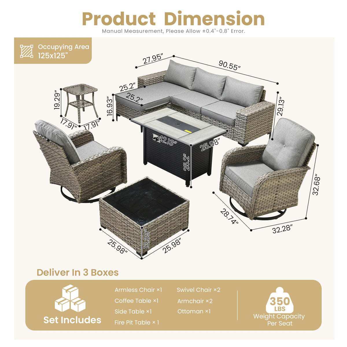 Charcoal Grey 9 Pieces Wicker Outdoor Sectional Sofa Set with Fire Pit Table M922382