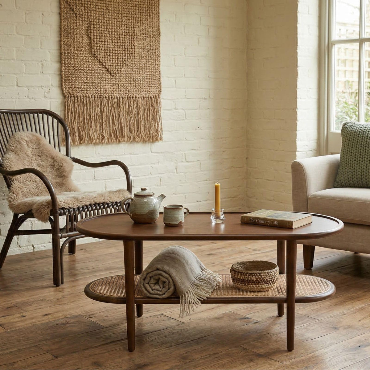Oval 2-Tier Coffee Table with Rattan Storage Shelf X3491