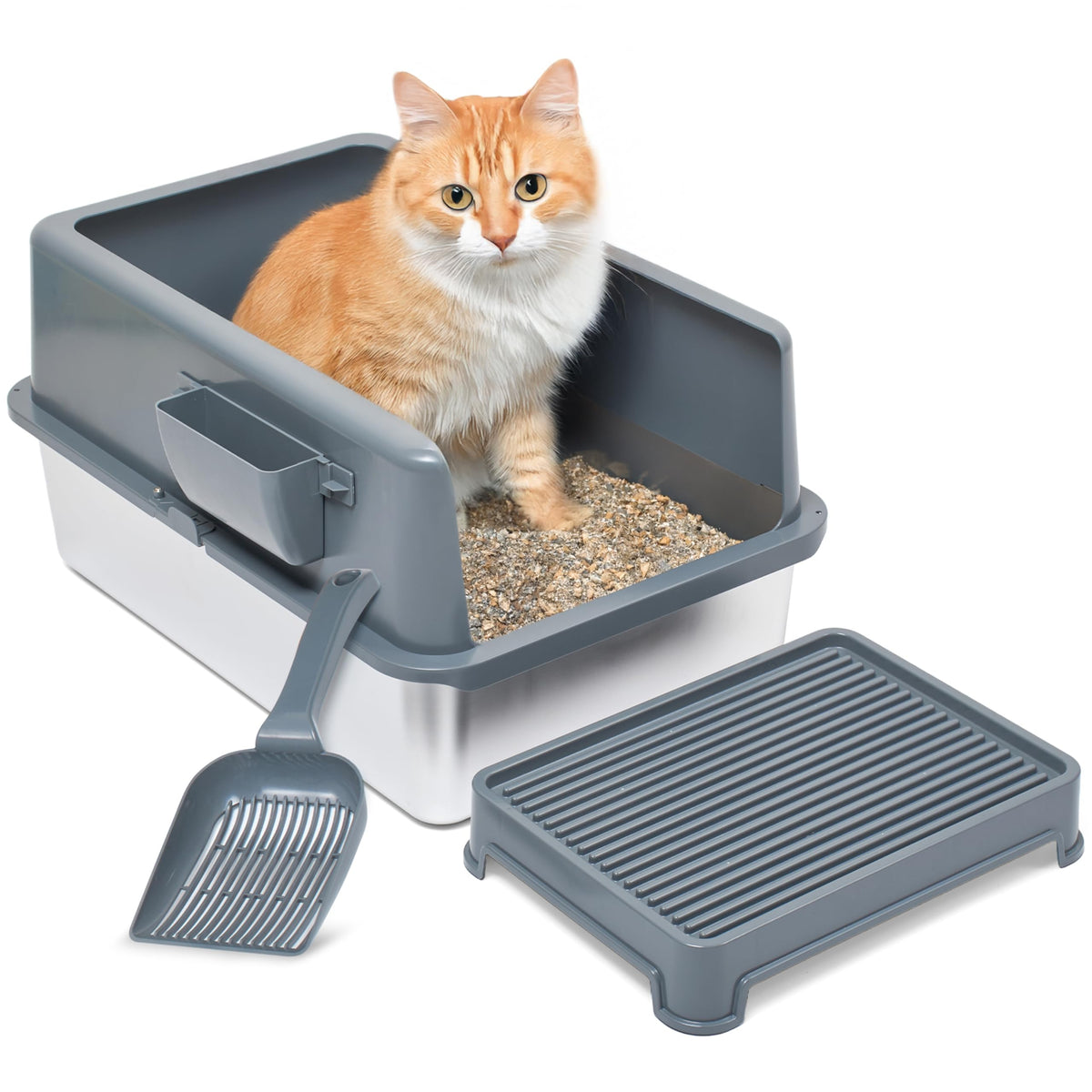 Stainless Steel Cat Litter Box Set with Scooper and Litter Mat R891332