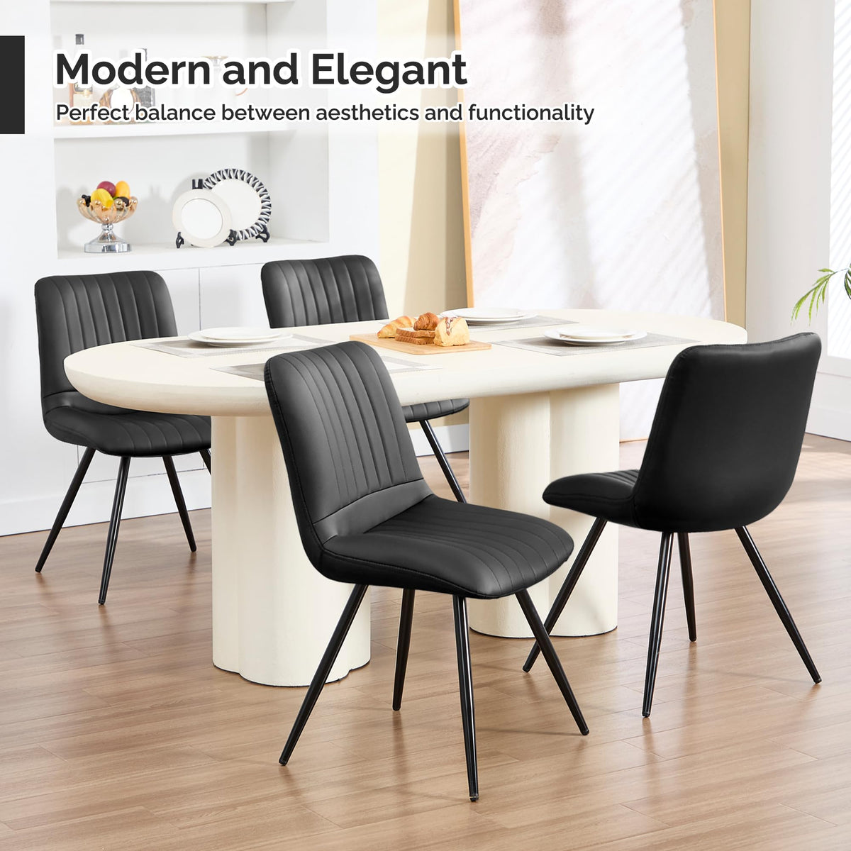 Black Dining Chairs Set of 4 PU Leather Metal Legs L861725