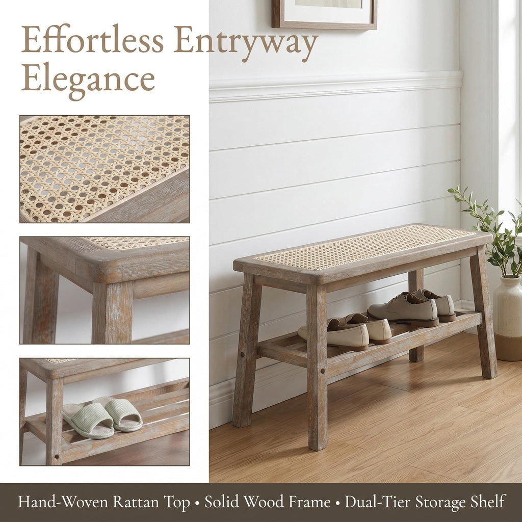 30 Inch Rattan Wooden Entryway Bench with Shoe Rack E19968