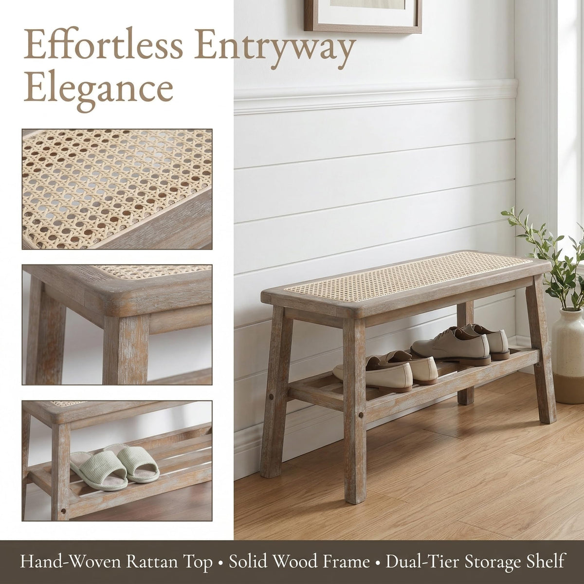 30 Inch Rattan Wooden Entryway Bench with Shoe Rack E19968