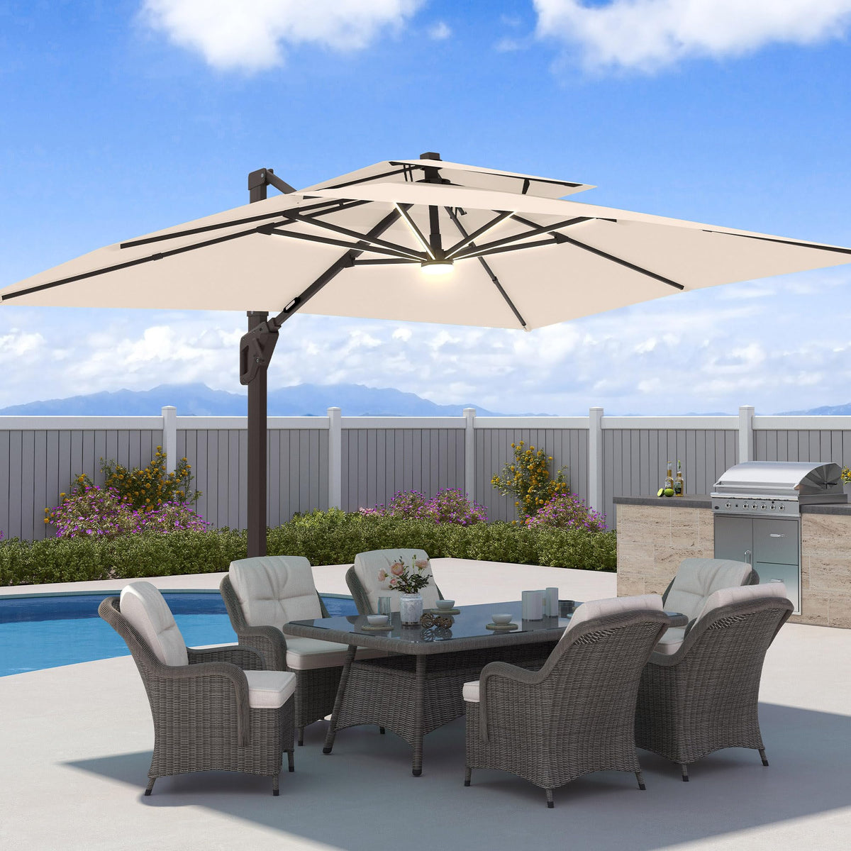 9x12 FT Patio Cantilever Umbrella with Base and LED Lights Q537705
