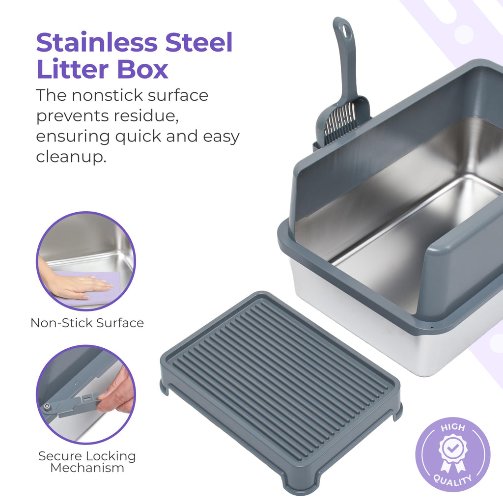 Stainless Steel Cat Litter Box Set with Scooper and Litter Mat R891332