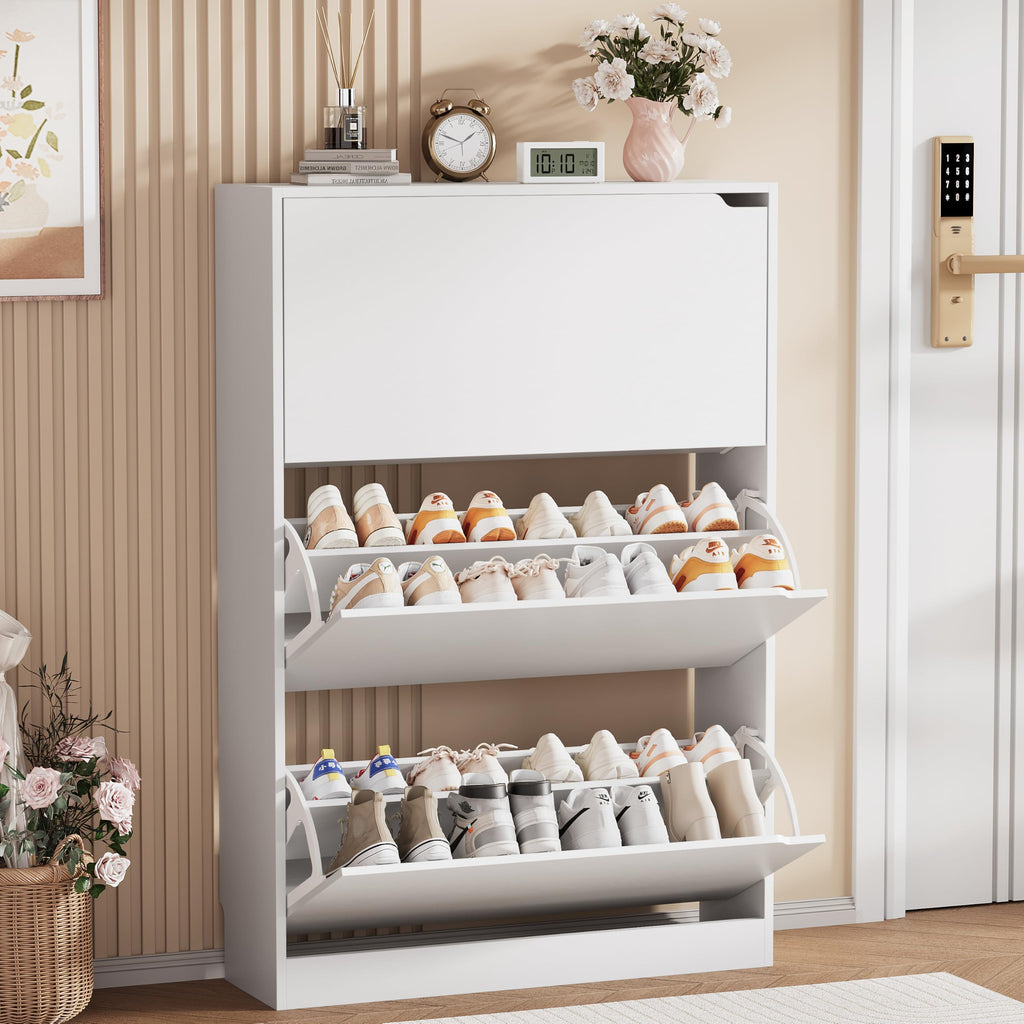 White 3 Flip Drawer Wood Shoe Storage Cabinet Q738436