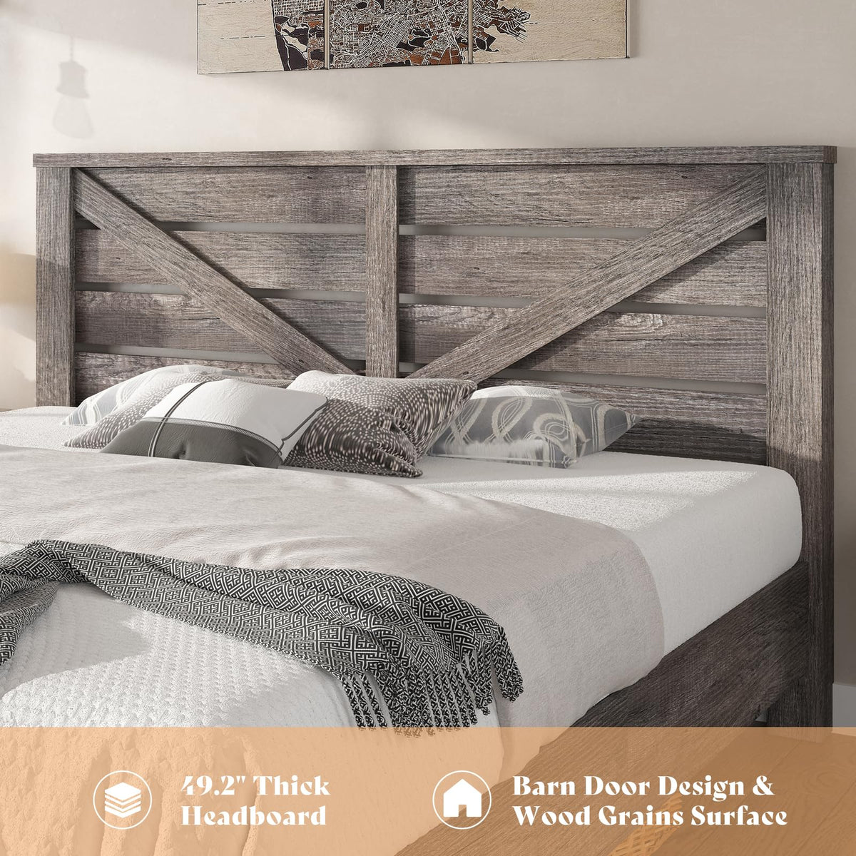 Gray Full Size Bed Frame with Barn Door Headboard B6539