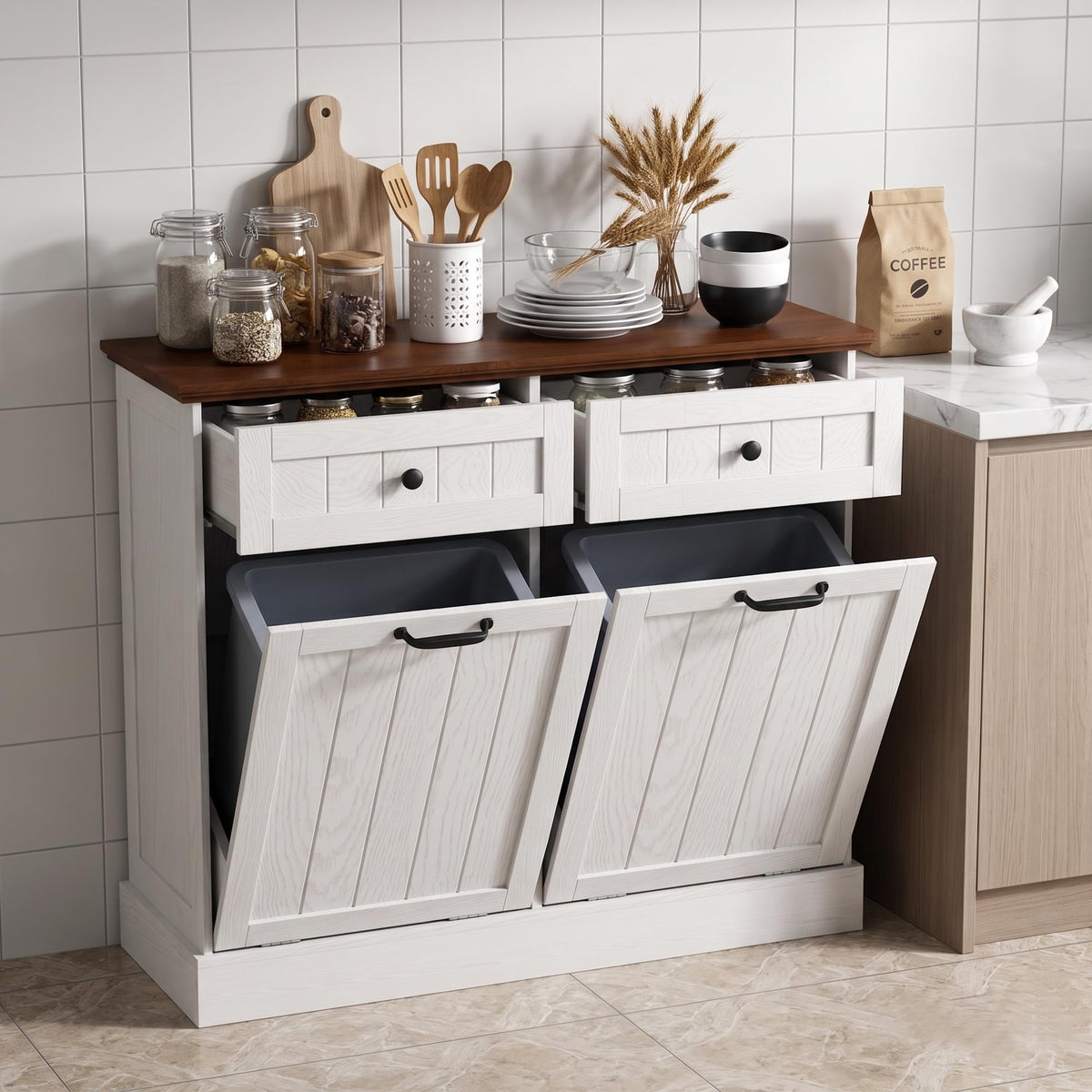 White 2x10 Gallons Tilt Out Trash Can Cabinet F11292