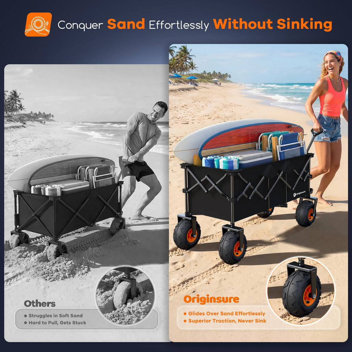 Foldable Beach Wagon with Big Balloon Wheels, 560lbs, Black V56136