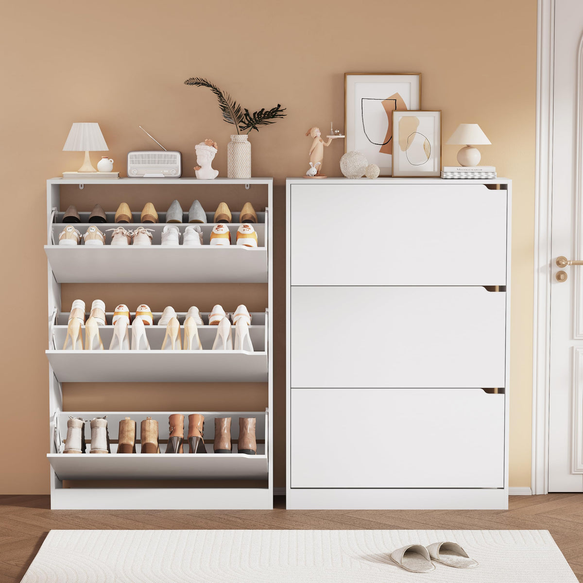 White 3 Flip Drawer Wood Shoe Storage Cabinet Q738436