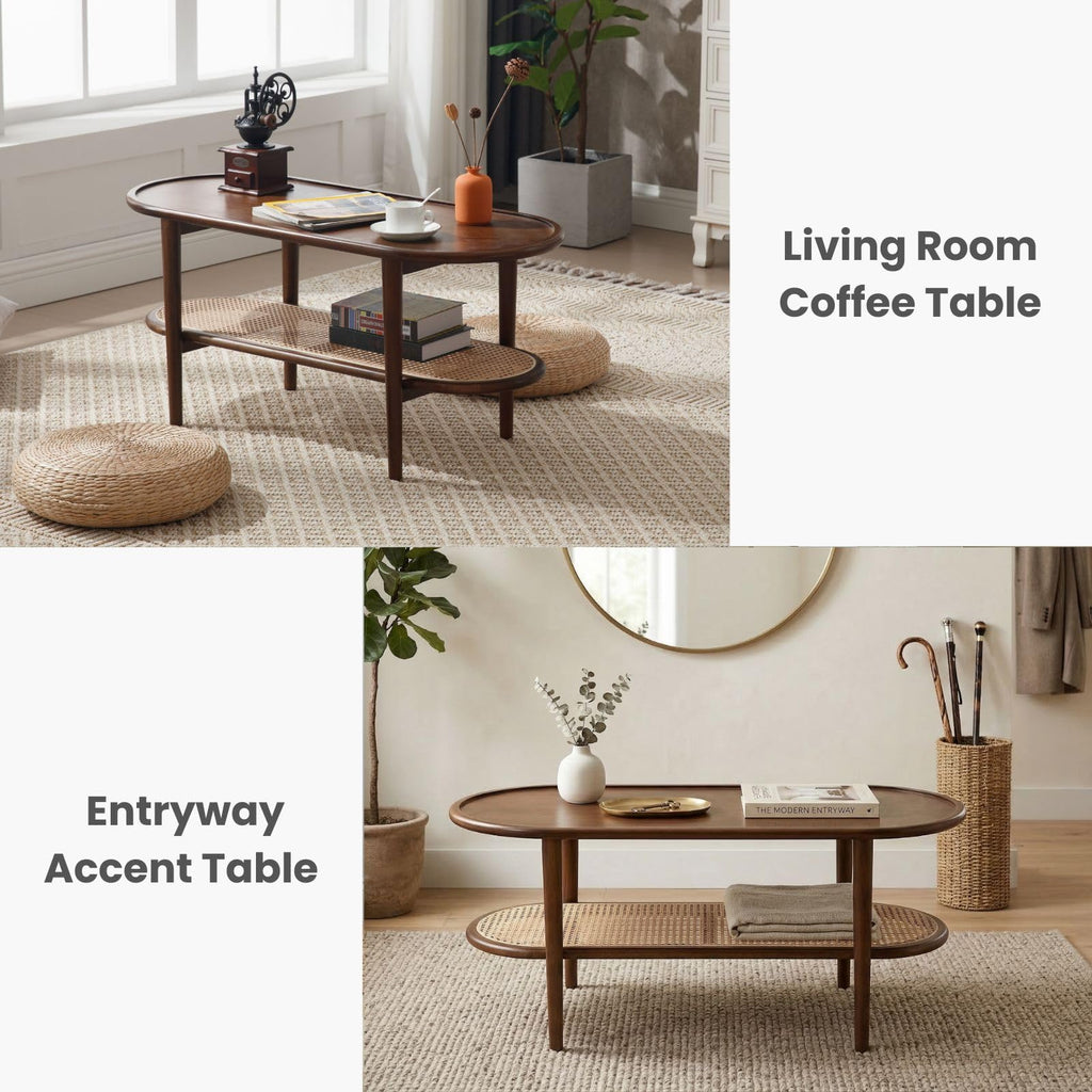 Oval 2-Tier Coffee Table with Rattan Storage Shelf X3491