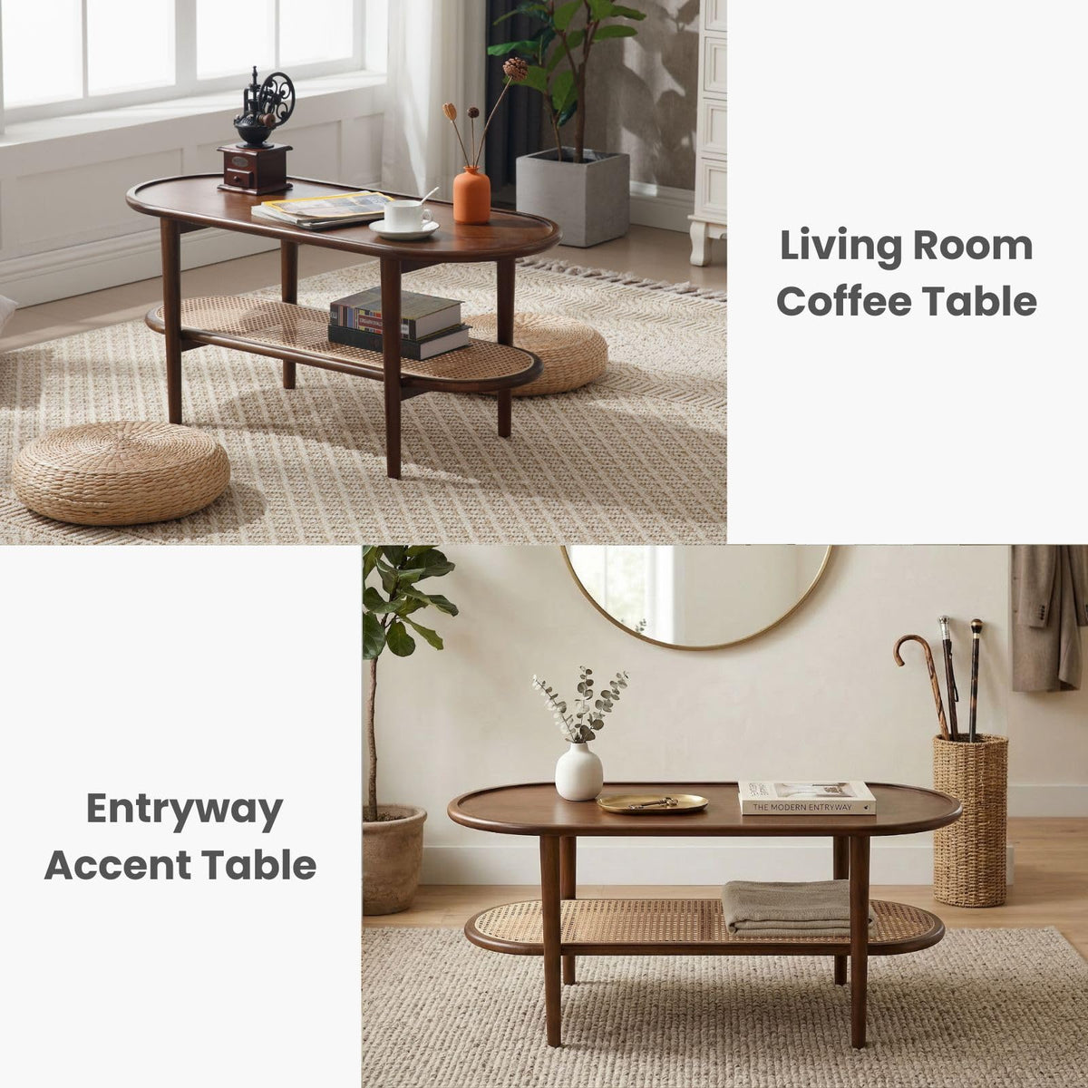 Oval 2-Tier Coffee Table with Rattan Storage Shelf X3491