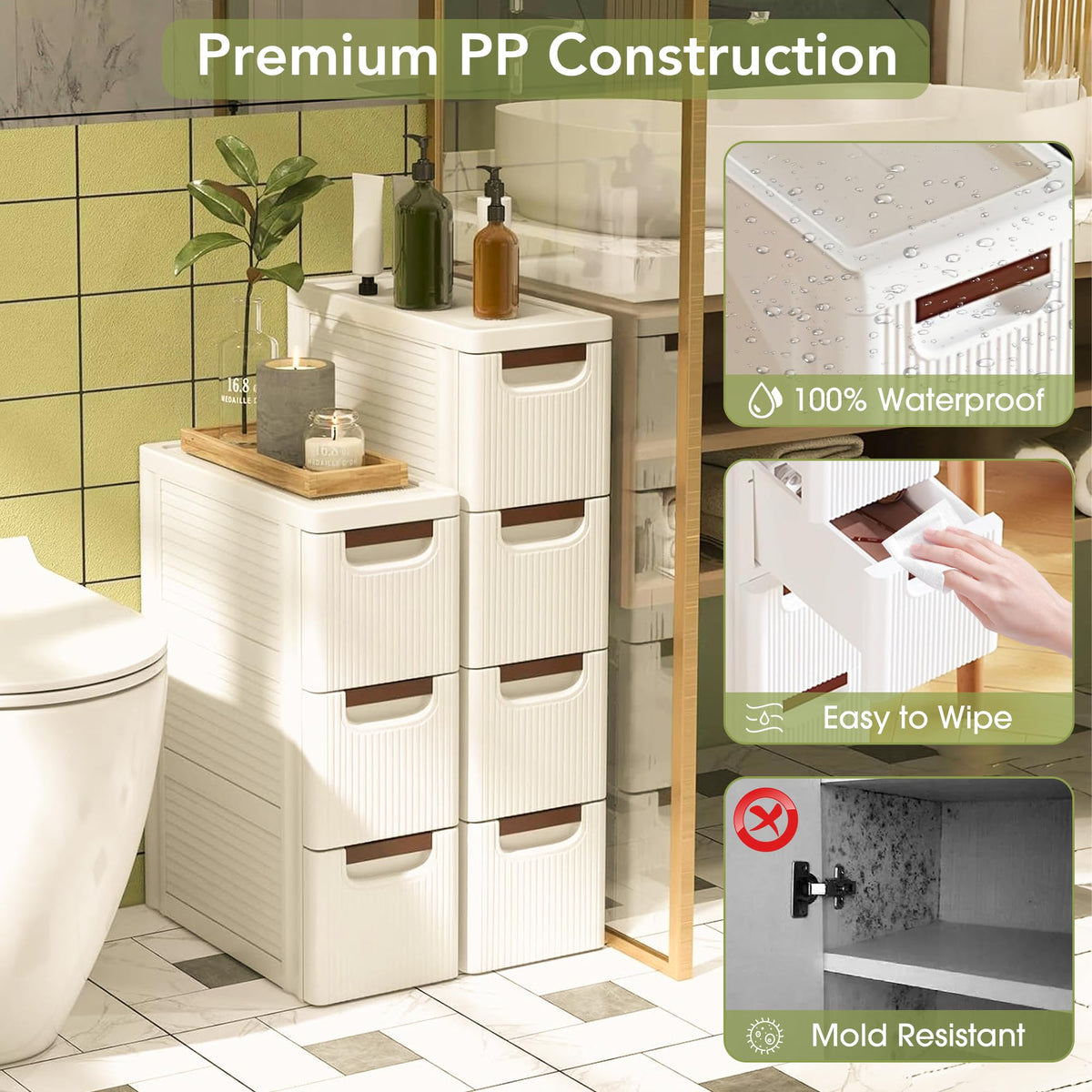 White 3 Drawers Narrow Plastic Bathroom Storage Cabinet Y361