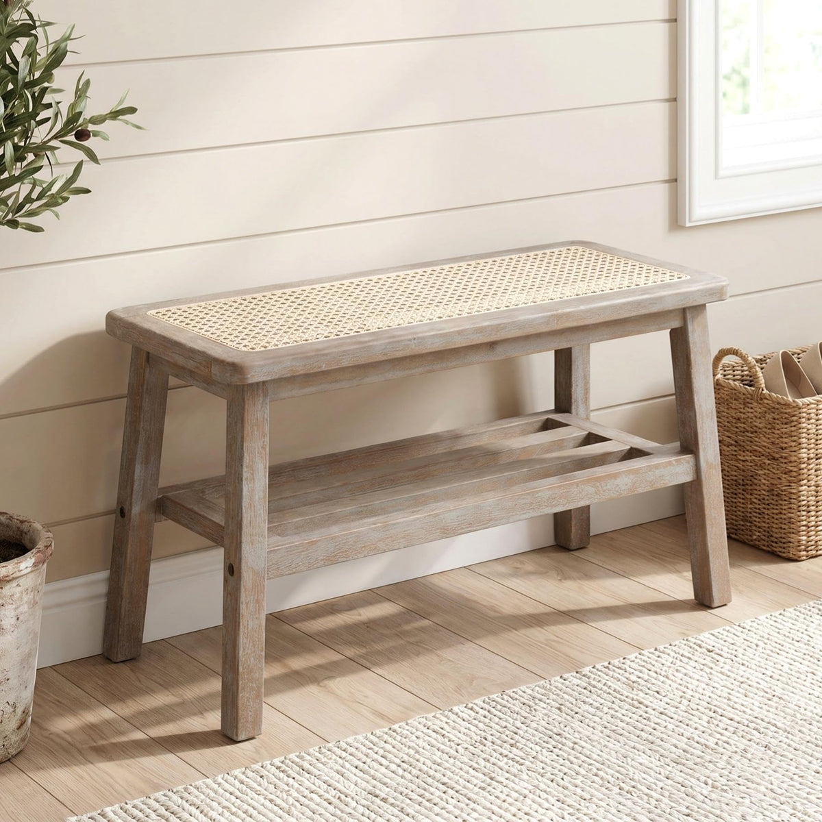 30 Inch Rattan Wooden Entryway Bench with Shoe Rack E19968