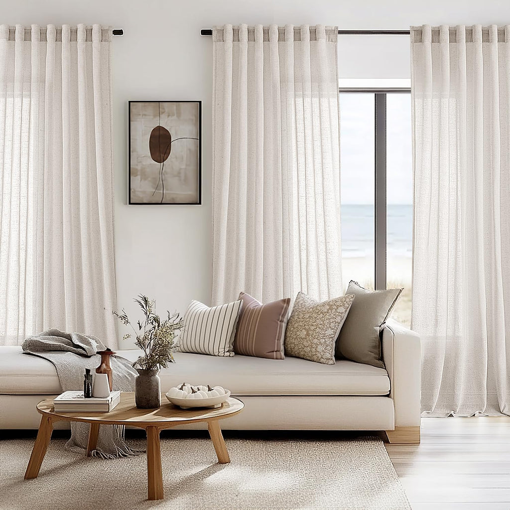 Natural White Semi Sheer Linen Curtains 120 inch 2 Panels X220