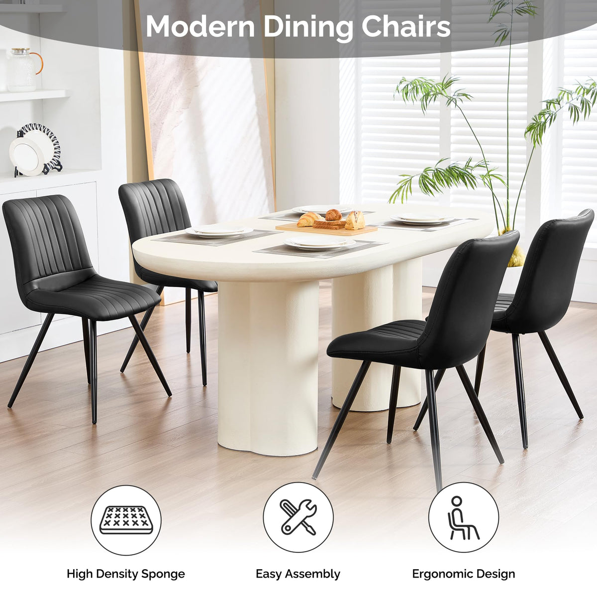 Black Dining Chairs Set of 4 PU Leather Metal Legs L861725