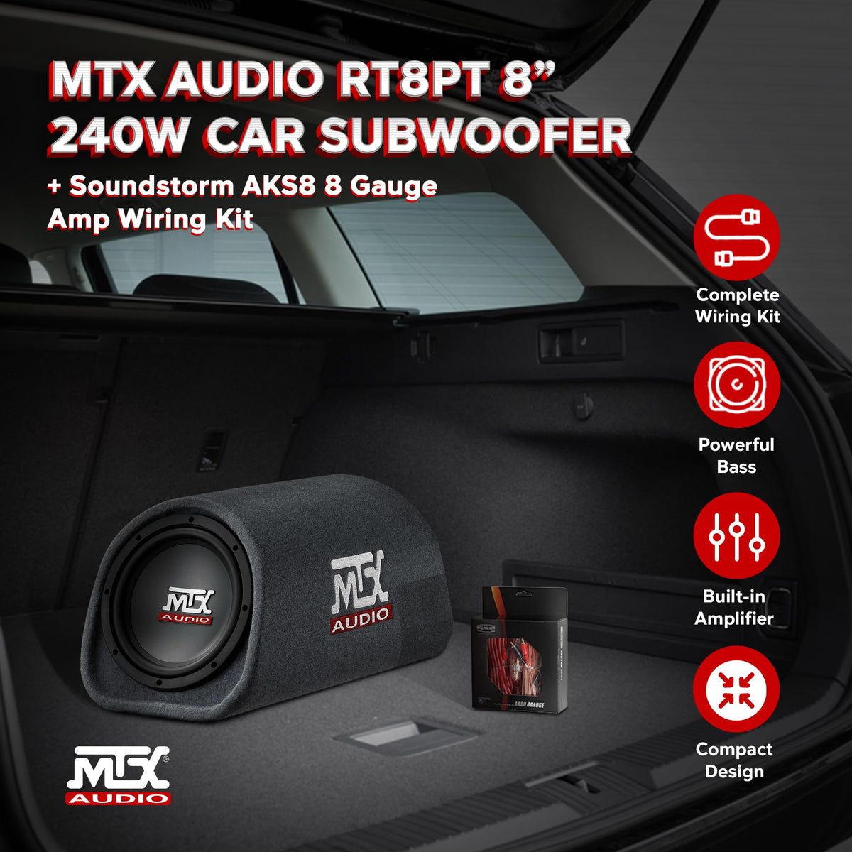 8" Amplified Vented Tube Box Subwoofer & Wiring Kit R732