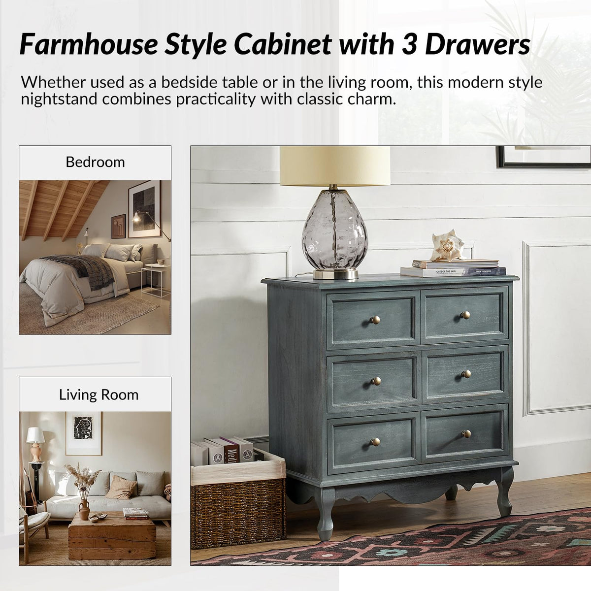 Blue 3-Drawer Nightstand with Charging Station T999275