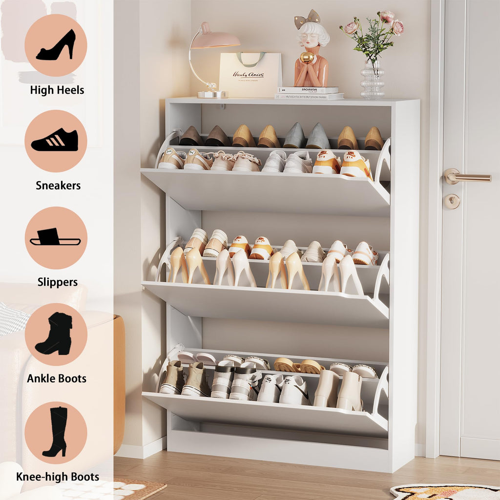 White 3 Flip Drawer Wood Shoe Storage Cabinet Q738436
