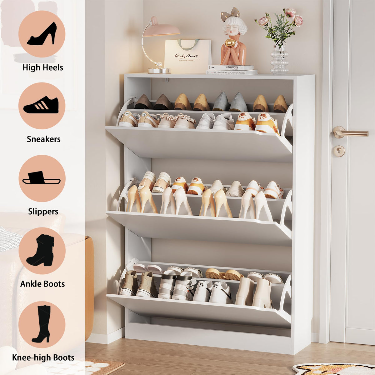 White 3 Flip Drawer Wood Shoe Storage Cabinet Q738436