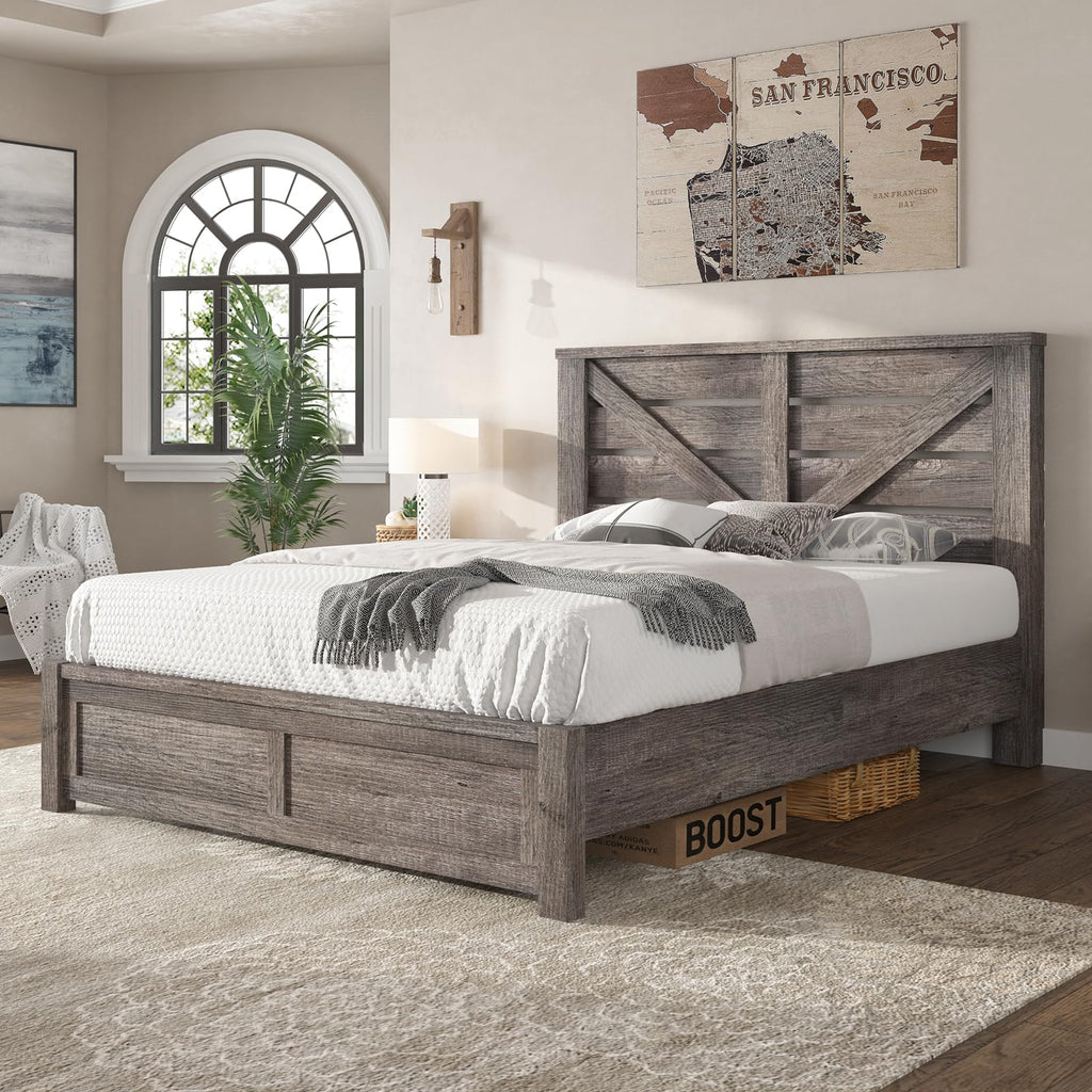 Gray Full Size Bed Frame with Barn Door Headboard B6539